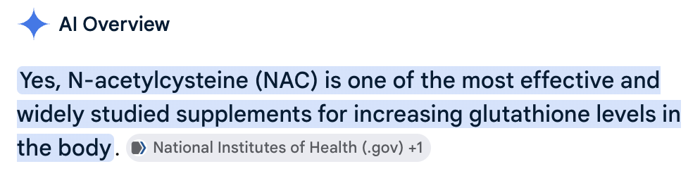Exact Google AI Overview screenshot saying NAC increases glutathione levels