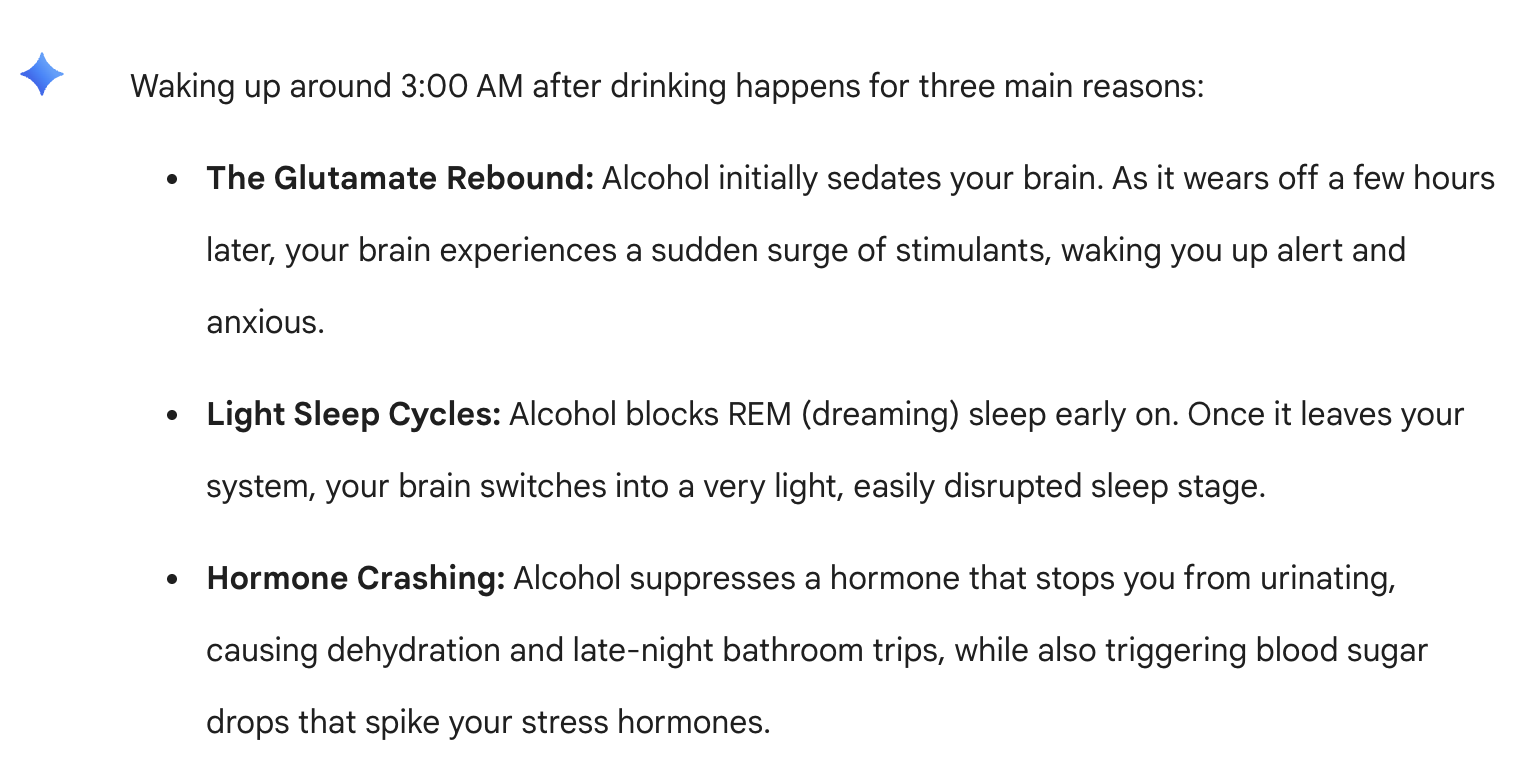 Exact Google AI Overview screenshot about why people wake up around 3 AM after drinking alcohol
