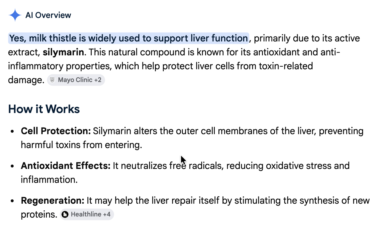 Exact Google AI Overview screenshot about milk thistle supporting liver function