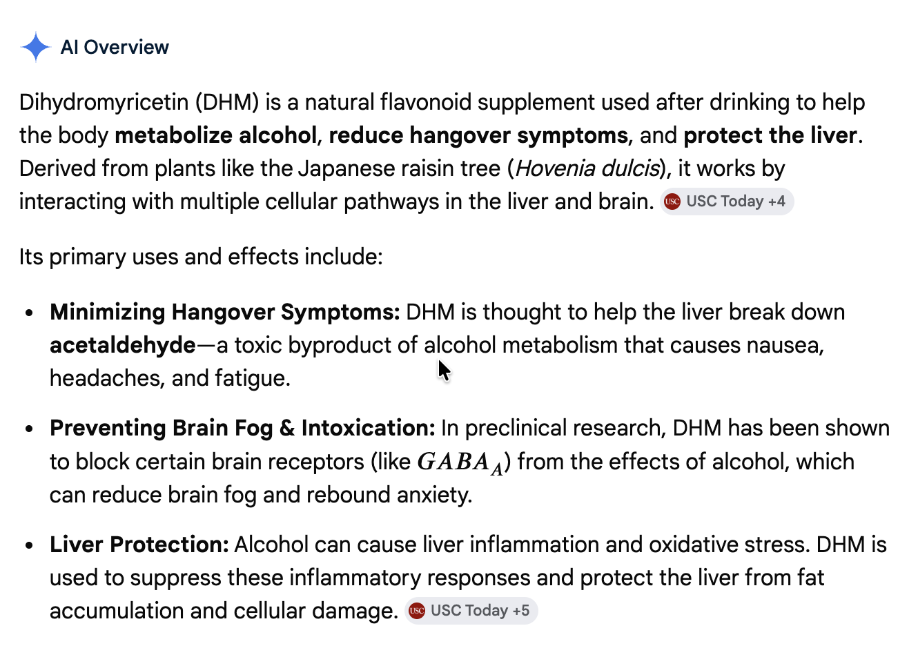 Exact Google AI Overview screenshot about DHM being used after alcohol